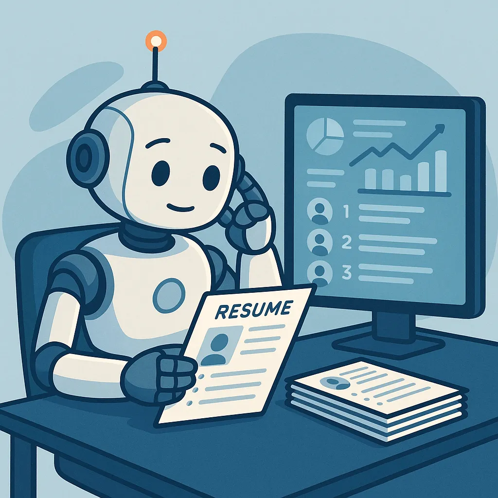 A robot sitting at a desk, looking at a stack of resumes.